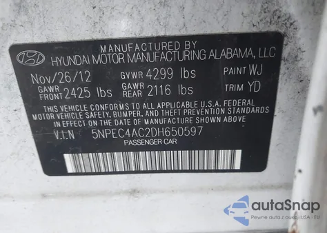 2013 Hyundai Sonata Limited из США, поврежденный, VIN 5NPEC4AC2DH650597